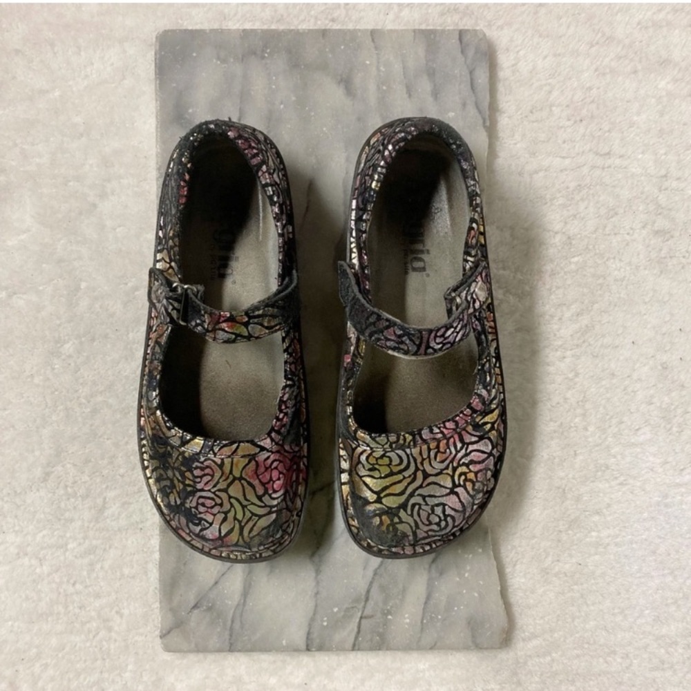 Alegria Belle Mary Jane Metallic Rose Print Clog Size 37 7 Velcro Trap